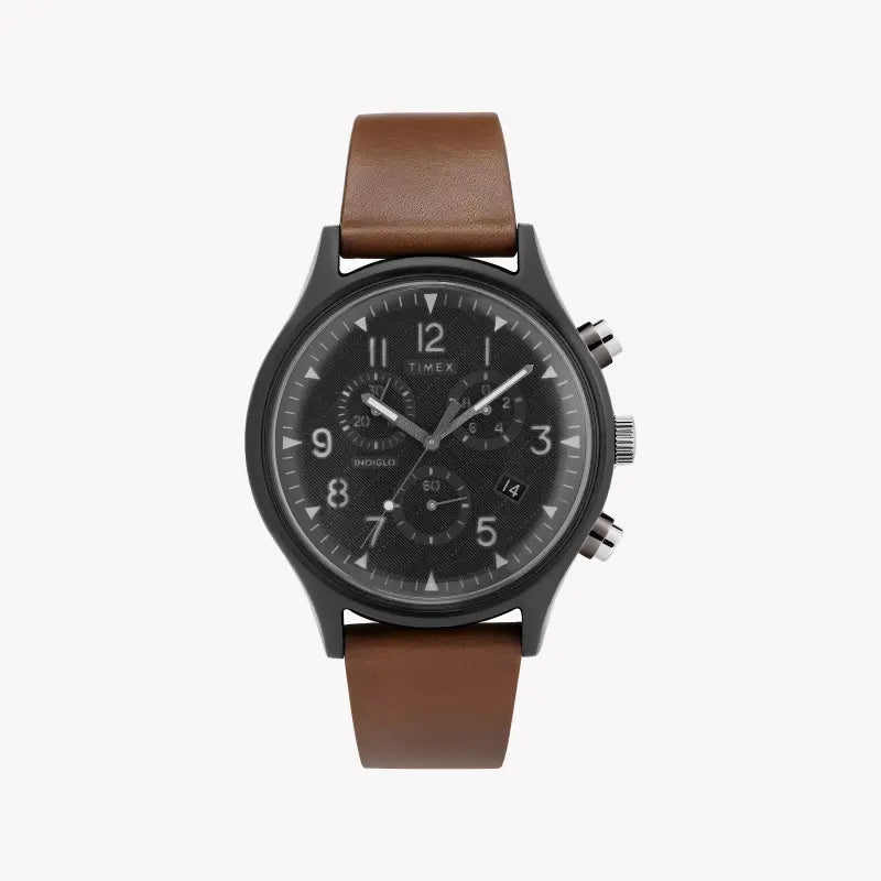 Timex Men's Brown Leather Watch, Black Dial | Tw2t29600-0